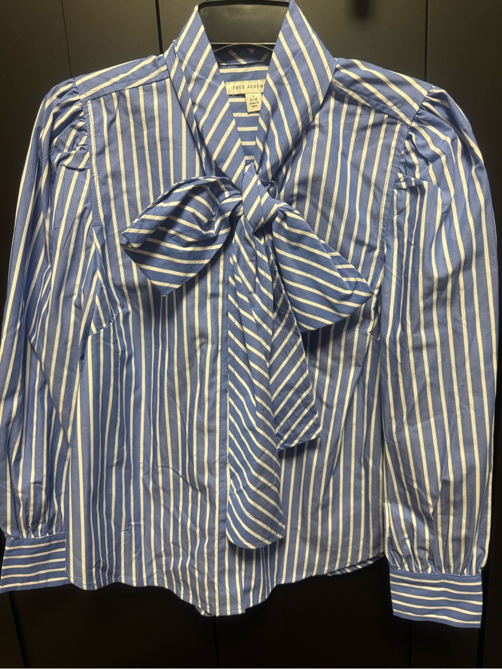 Free Assembly Blue & White Striped Bow-Neck Blouse